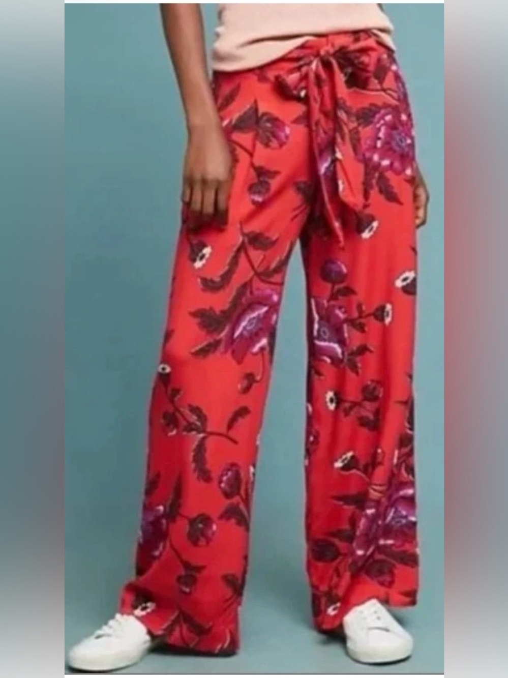 Ett:twa by Anthropologie Margo Red Floral Wide-Leg Trouser Pants Size 6
